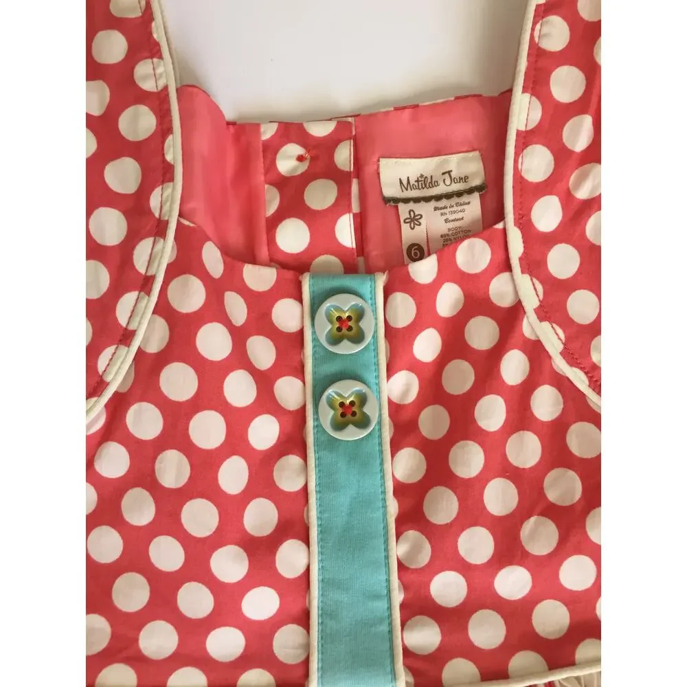 Matilda Jane Red‎ White Polka Dot Dress Girls Ruffle Hem Button Front Size 6